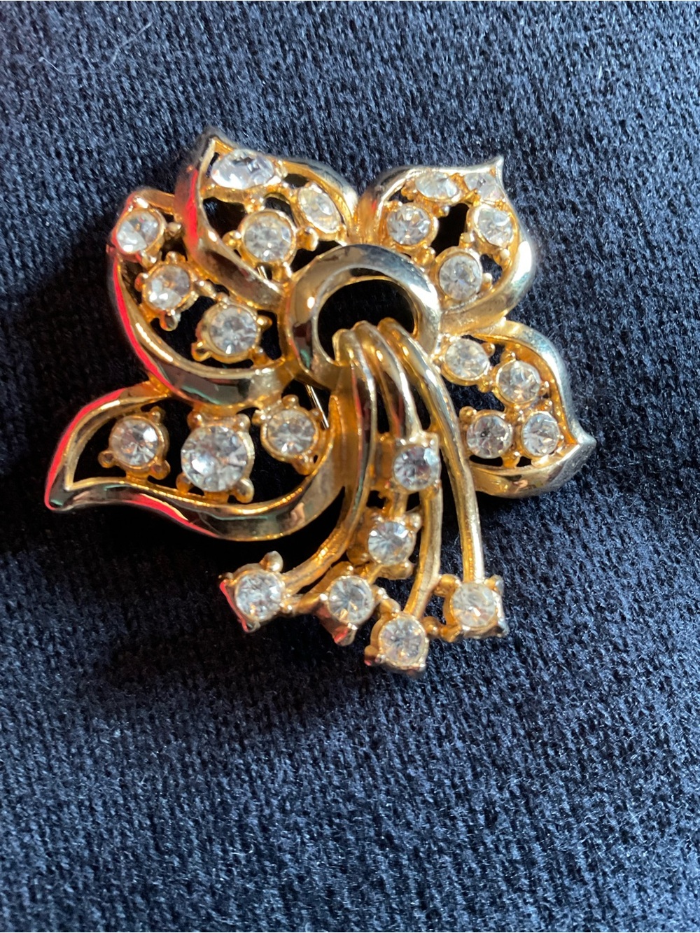 Gold Floral Brooch with Sparkling Crystal Accents 2”
